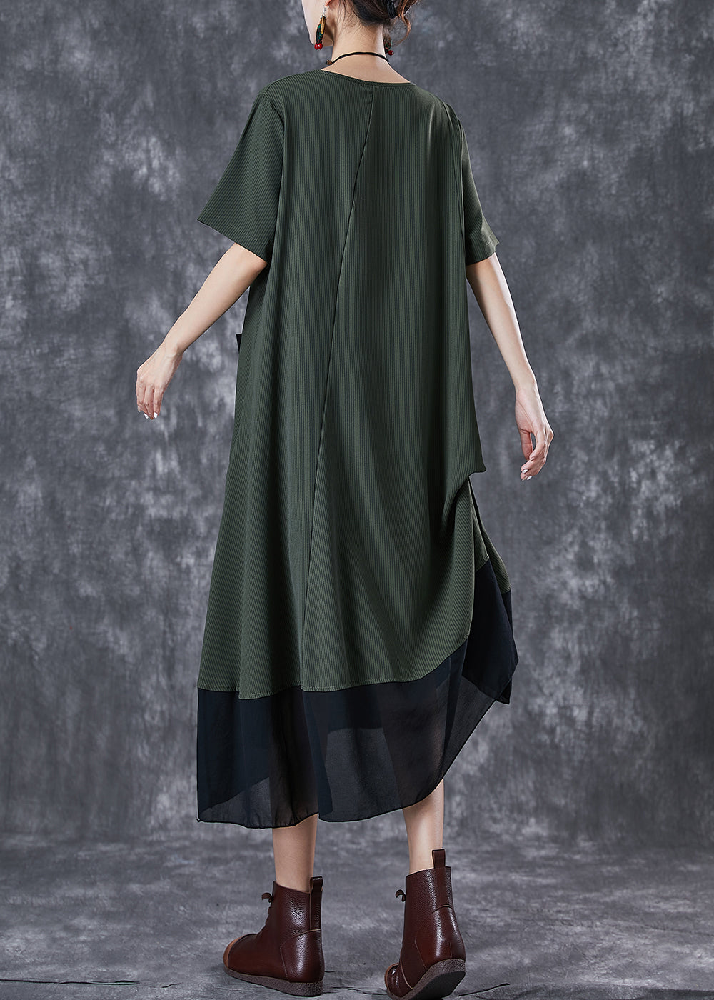 Women Army Green Cinched Patchwork Chiffon Maxi Dresses Summer LY6759 - fabuloryshop