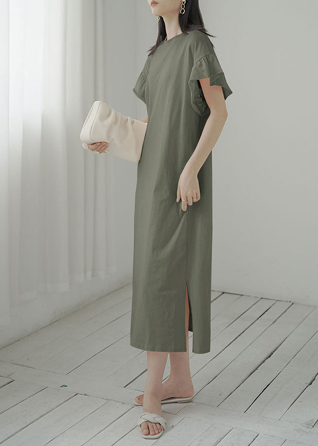 Women Army Green O-Neck Side Open Cotton Vacation Dresses Butterfly Sleeve LY1354 - fabuloryshop