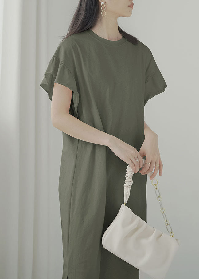 Women Army Green O-Neck Side Open Cotton Vacation Dresses Butterfly Sleeve LY1354 - fabuloryshop