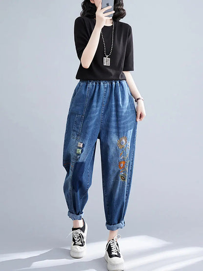 Women Artsy Flower Embroidery Denim Harem Pants Ada Fashion