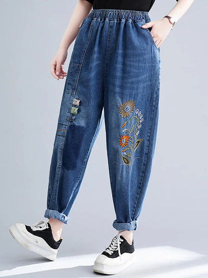 Women Artsy Flower Embroidery Denim Harem Pants Ada Fashion