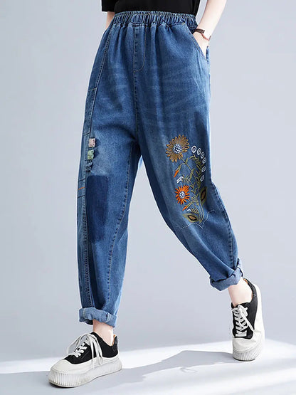 Women Artsy Flower Embroidery Denim Harem Pants Ada Fashion