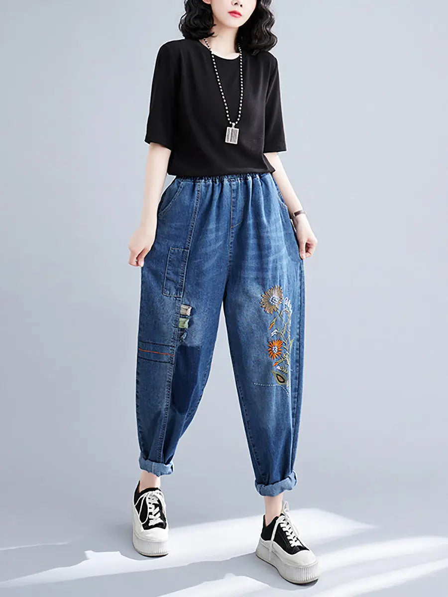 Women Artsy Flower Embroidery Denim Harem Pants Ada Fashion