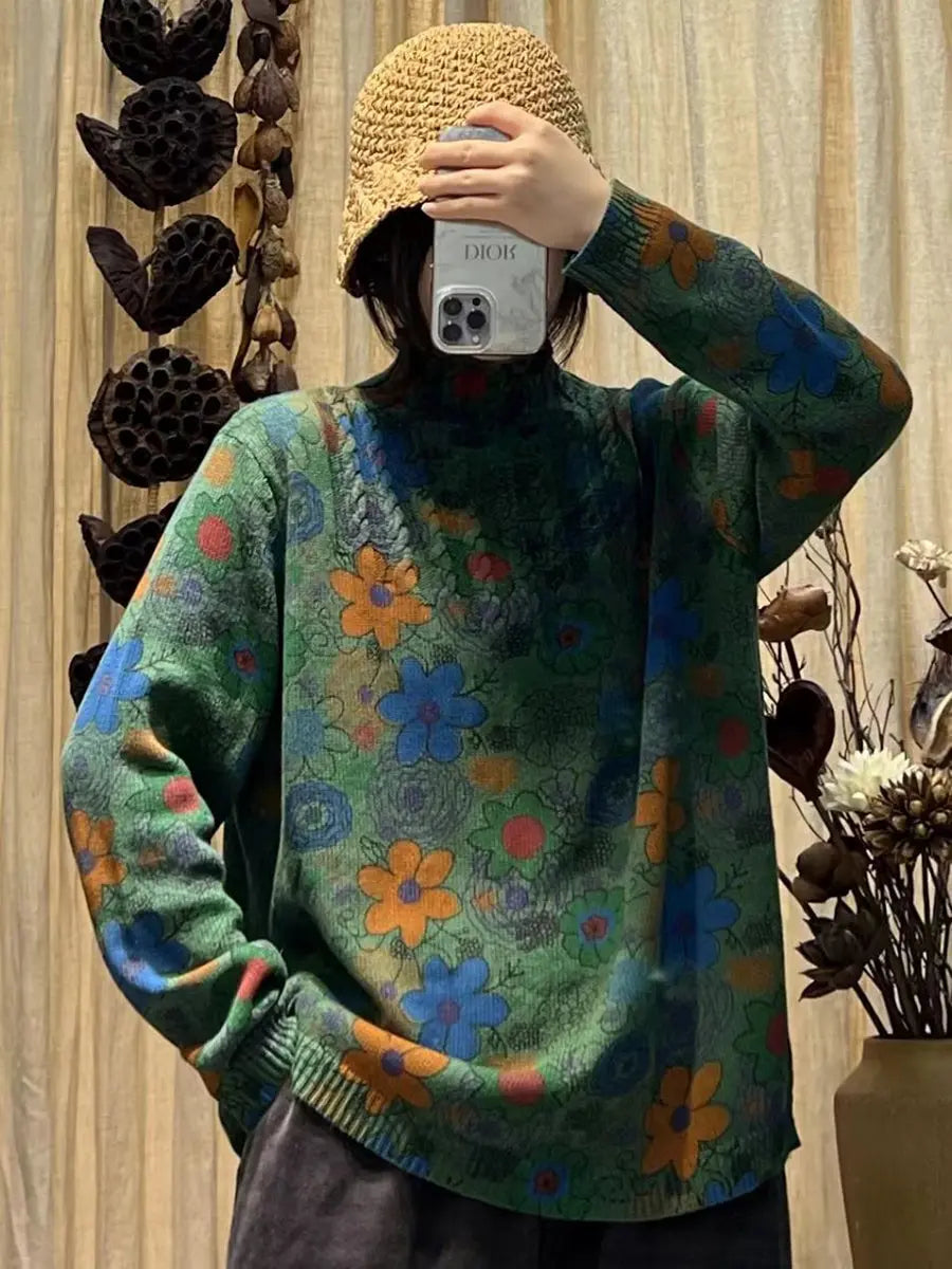 Women Artsy Flower Knitted Turtleneck Sweater Ada Fashion