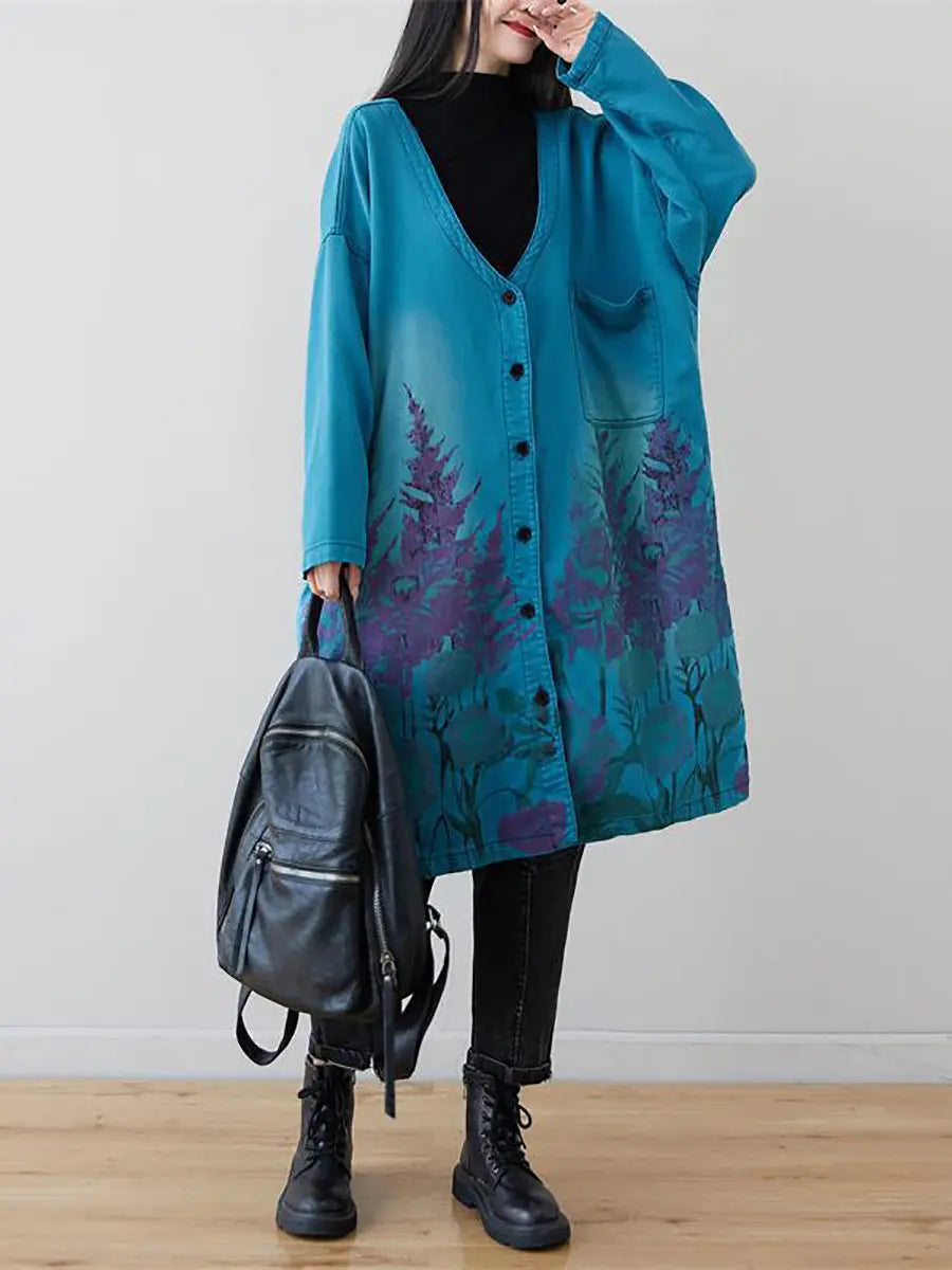 Women Artsy Flower Print Denim Long Coat Ada Fashion