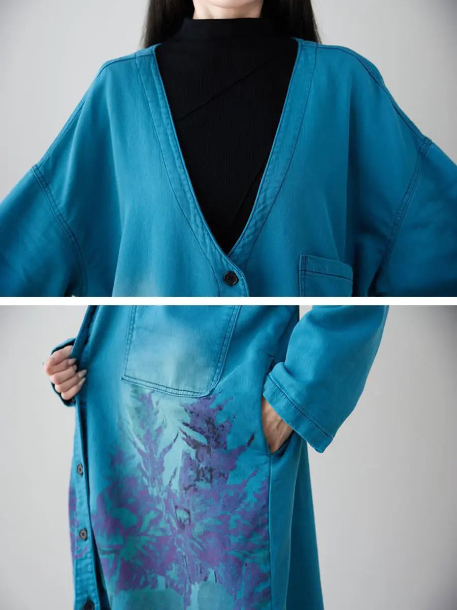Women Artsy Flower Print Denim Long Coat Ada Fashion