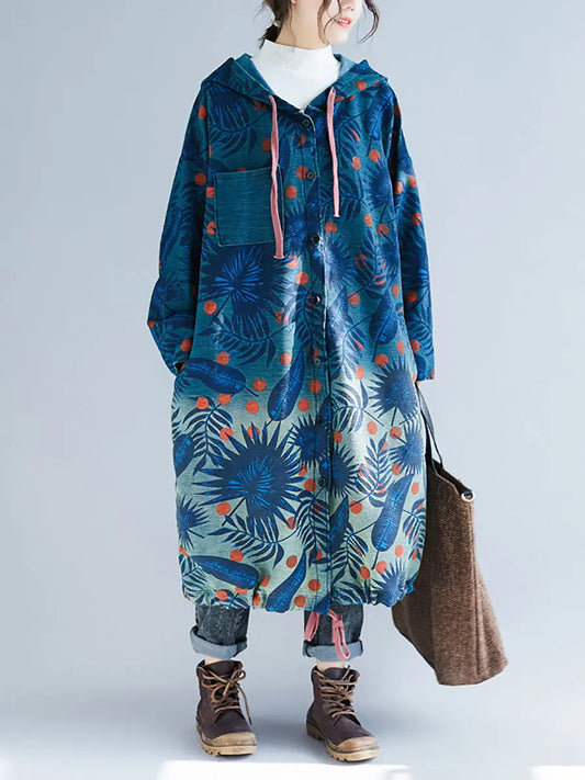 Women Artsy Leaf Gradual Print Denim Hooded Long Coat Ada Fashion