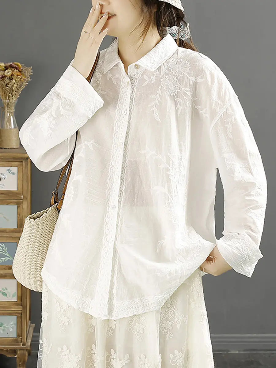 Women Artsy Spring Embroidery Loose Cotton Shirt Ada Fashion