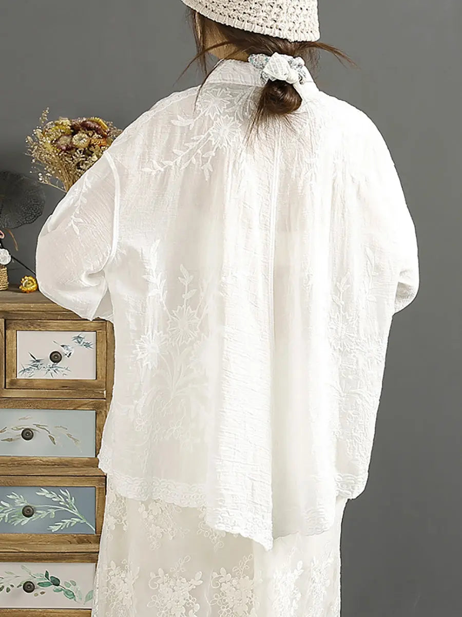 Women Artsy Spring Embroidery Loose Cotton Shirt Ada Fashion