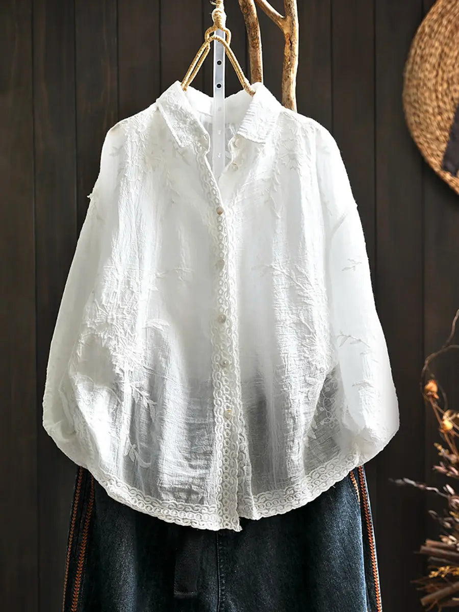 Women Artsy Spring Embroidery Loose Cotton Shirt Ada Fashion