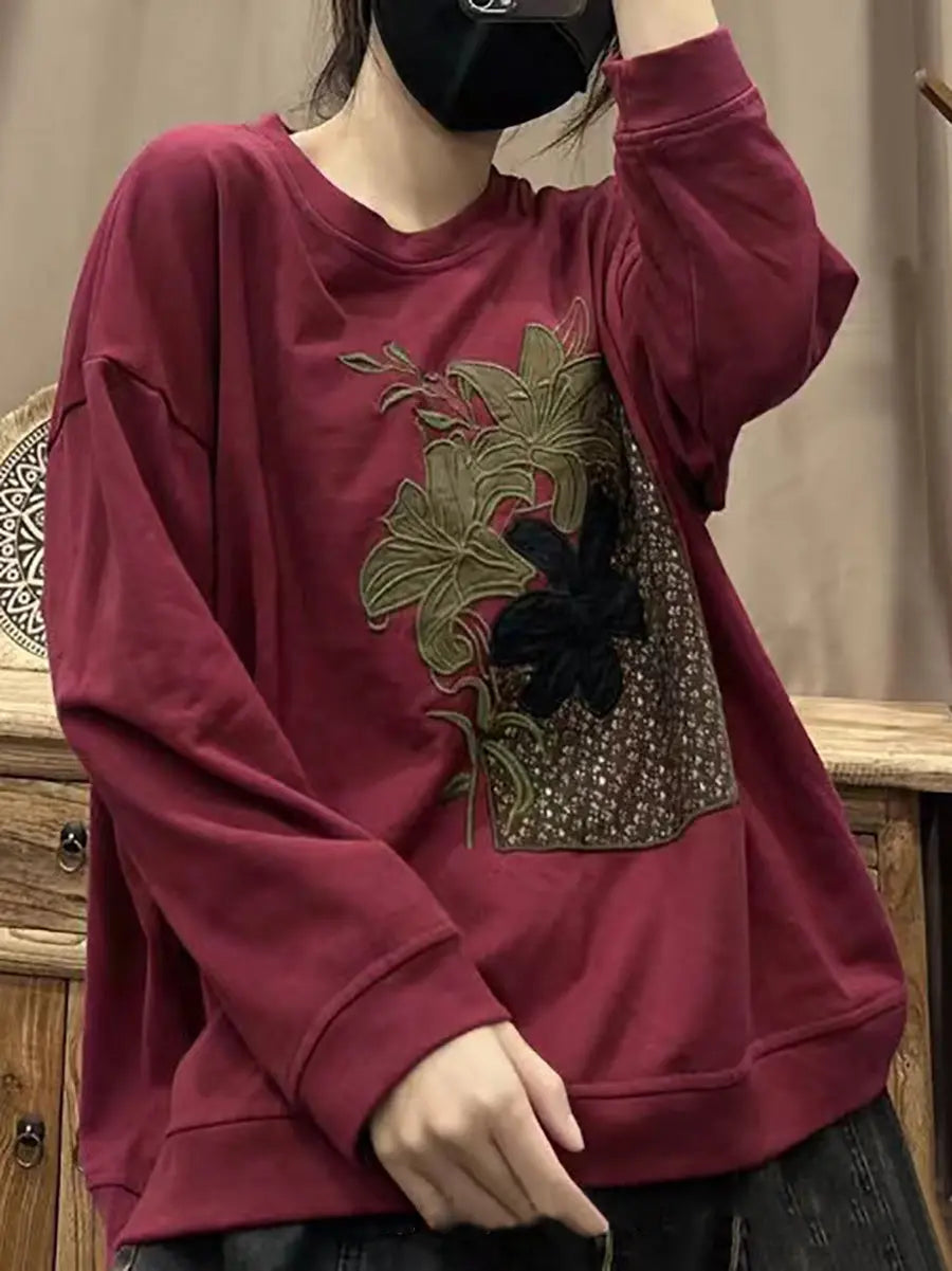 Women Artsy Spring Lily Embroidery O-Neck Sweatshirt Ada Fashion