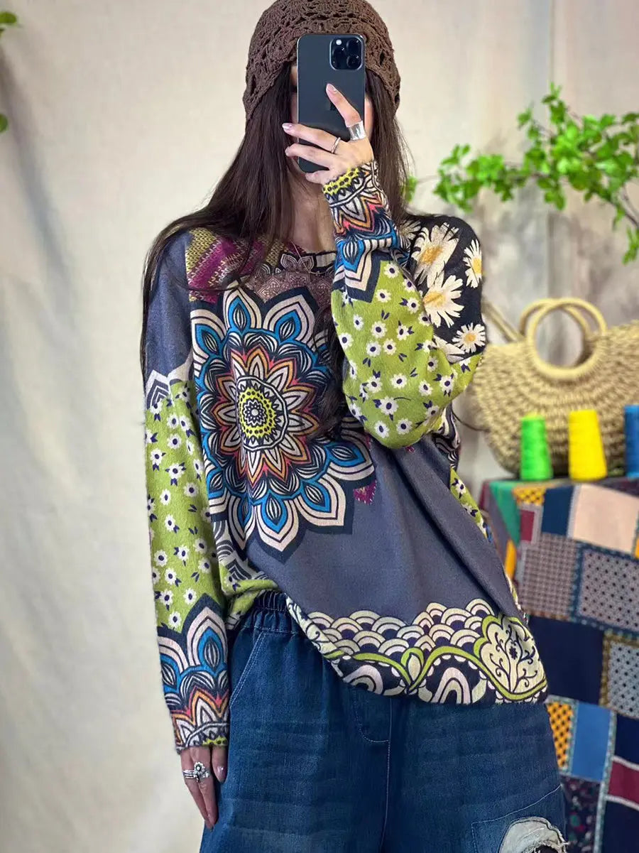 Women Autumn Flower Print Knitted O-Neck Sweater Ada Fashion