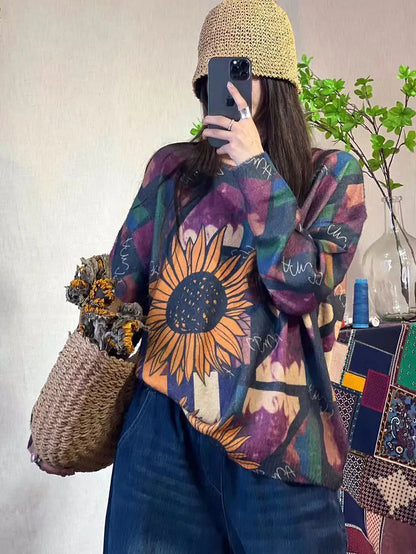 Women Autumn Flower Print Knitted O-Neck Sweater Ada Fashion