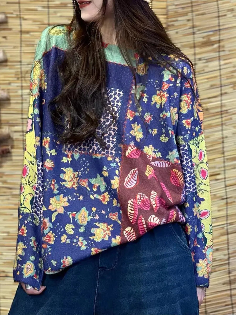 Women Autumn Flower Print Knitted O-Neck Sweater Ada Fashion