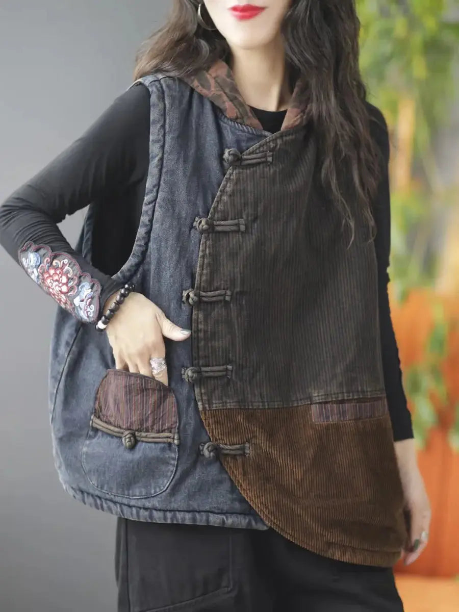 Women Autumn Retro Spliced Corduroy Hooded Vest Coat Ada Fashion