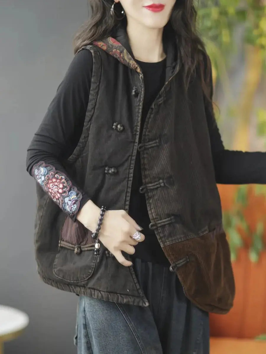 Women Autumn Retro Spliced Corduroy Hooded Vest Coat Ada Fashion