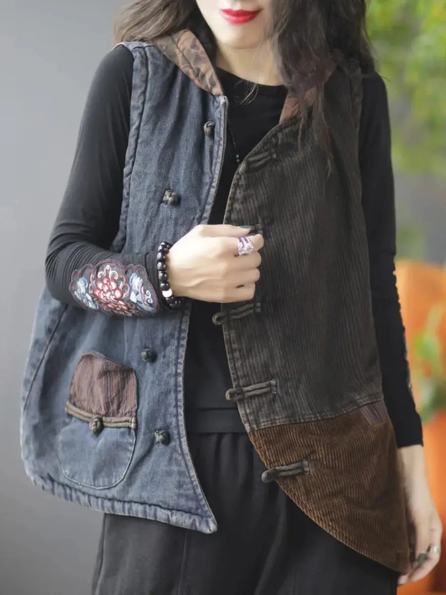 Women Autumn Retro Spliced Corduroy Hooded Vest Coat Ada Fashion
