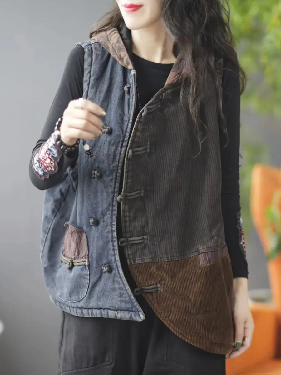 Women Autumn Retro Spliced Corduroy Hooded Vest Coat Ada Fashion