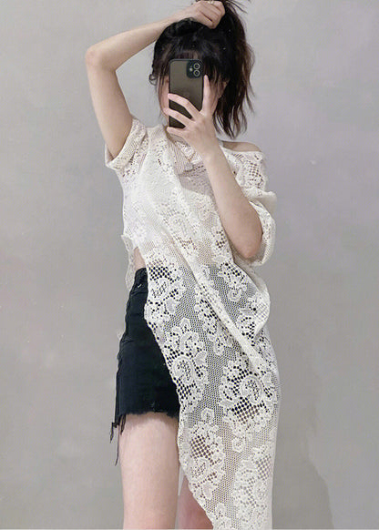 Women Beige Asymmetrical Hollow Out Lace Tops Summer Ada Fashion