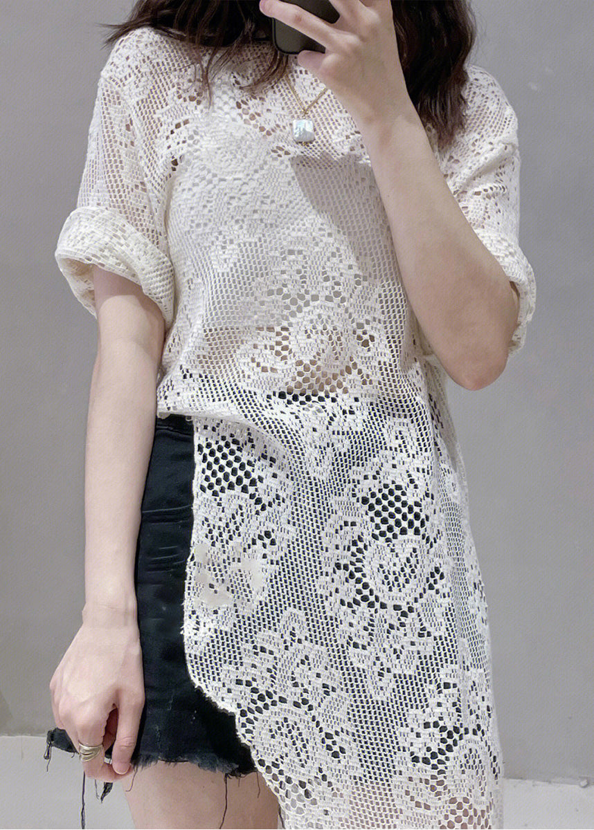 Women Beige Asymmetrical Hollow Out Lace Tops Summer Ada Fashion