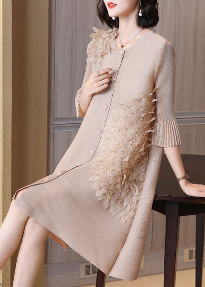 Women Beige Floral Wrinkled Button A Line Dress Summer LY2746 - fabuloryshop