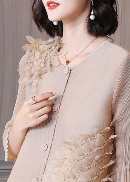 Women Beige Floral Wrinkled Button A Line Dress Summer LY2746 - fabuloryshop