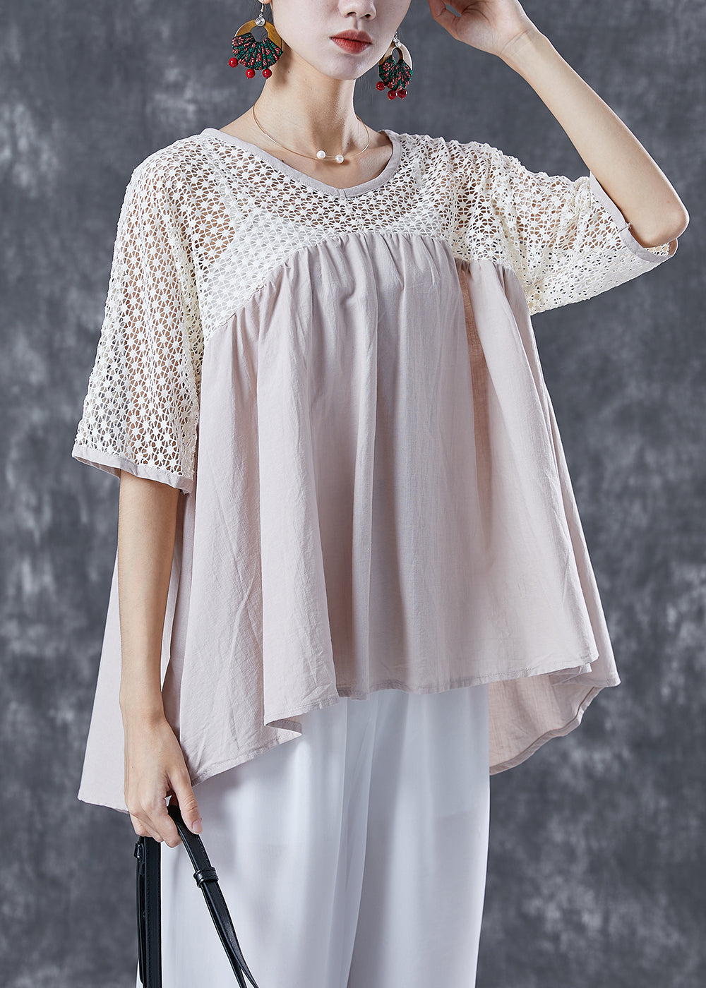 Women Beige Oversized Patchwork Cotton Shirts Summer LY5026 - fabuloryshop