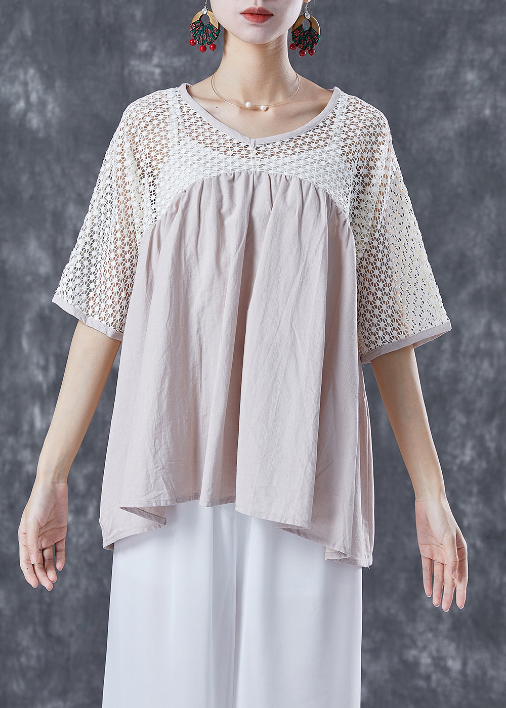 Women Beige Oversized Patchwork Cotton Shirts Summer LY5026 - fabuloryshop