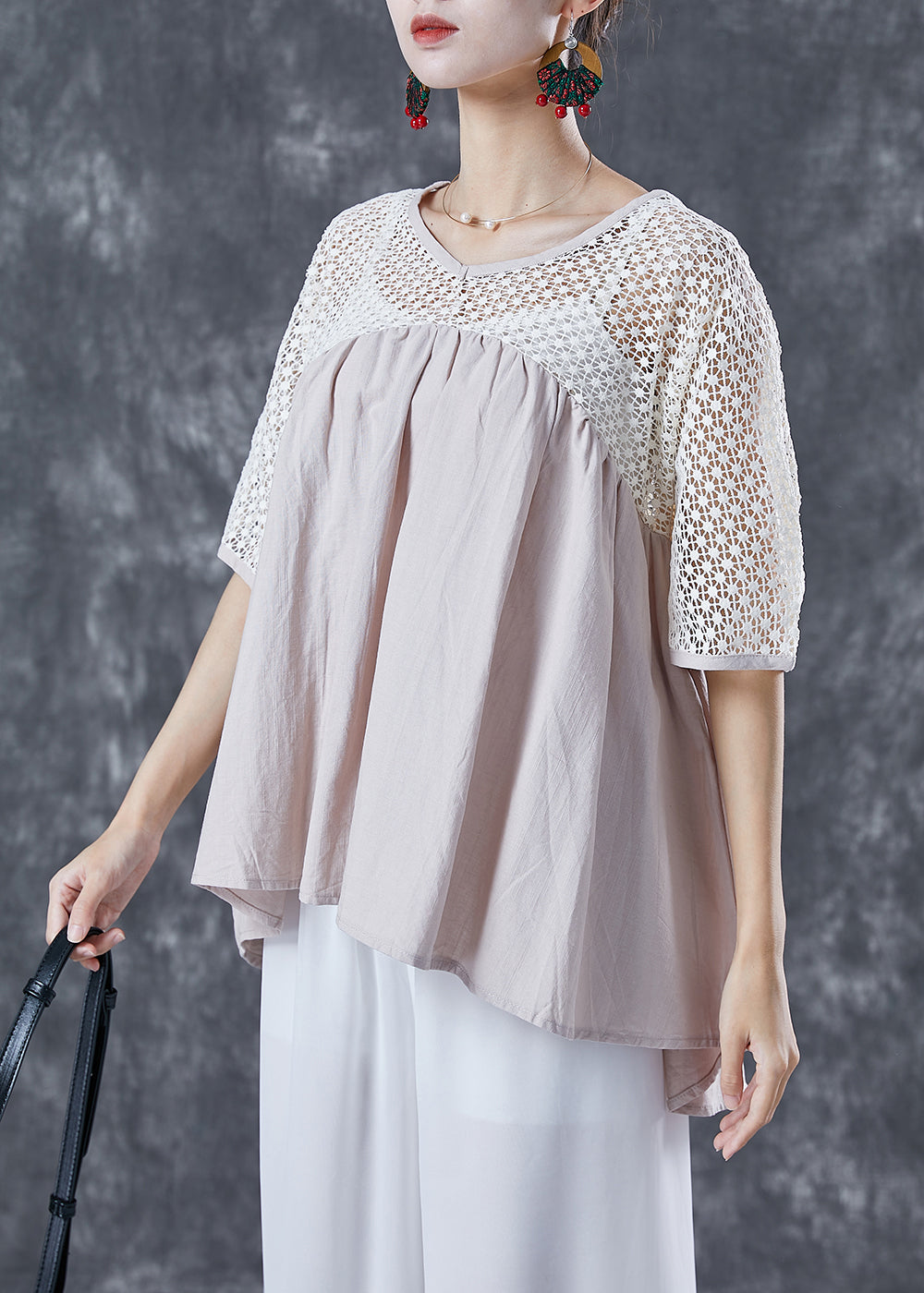 Women Beige Oversized Patchwork Cotton Shirts Summer LY5026 - fabuloryshop