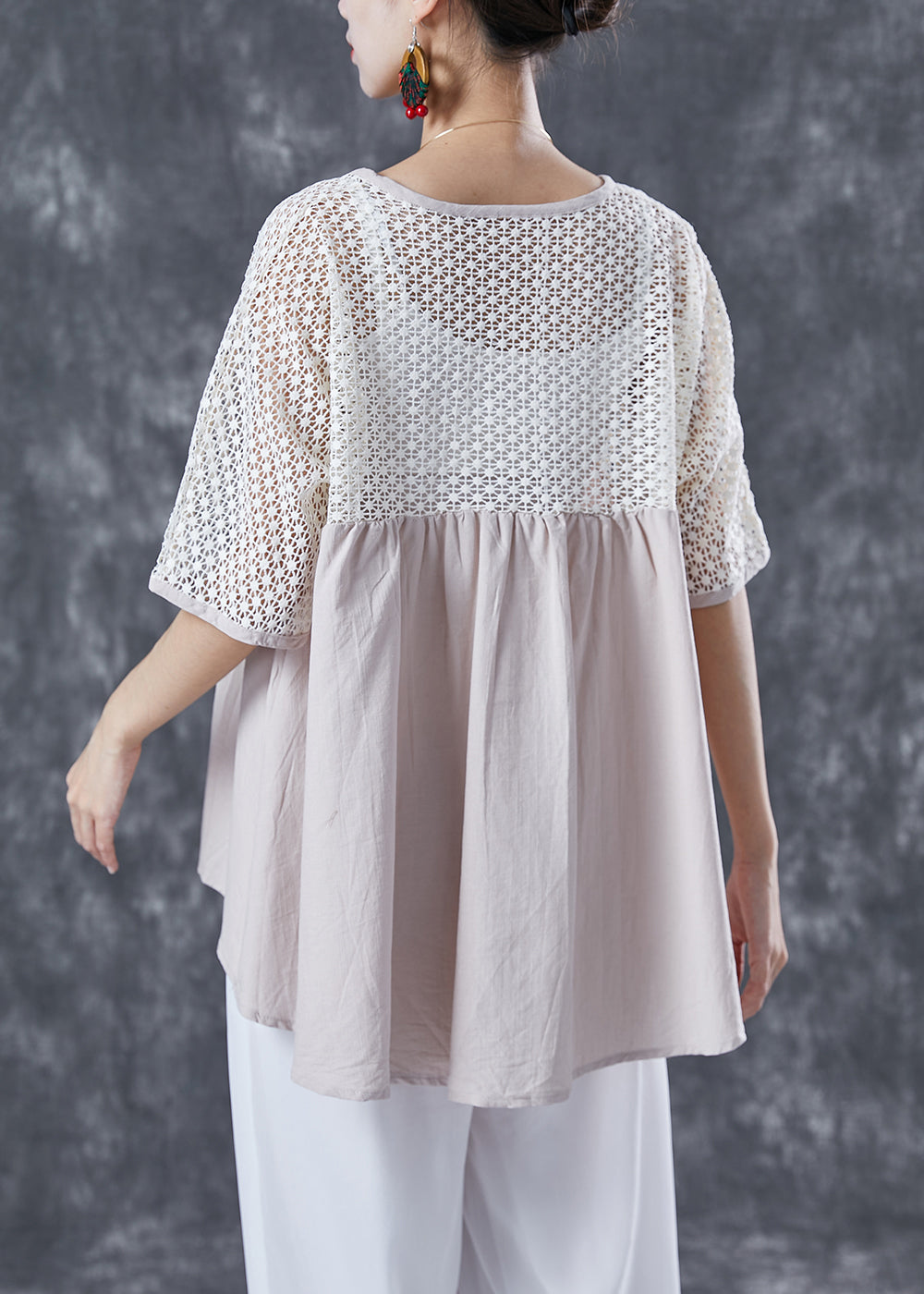 Women Beige Oversized Patchwork Cotton Shirts Summer LY5026 - fabuloryshop
