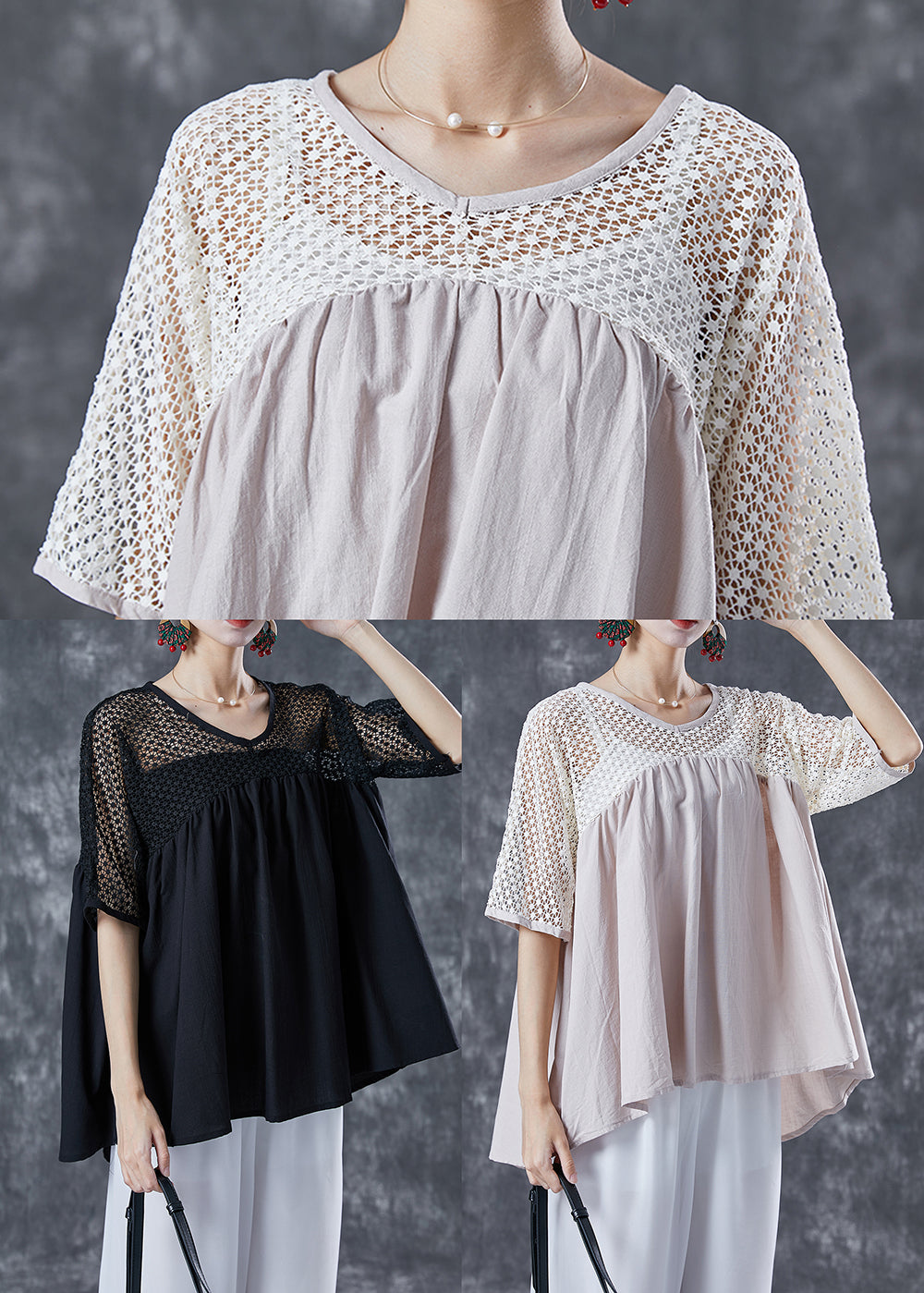 Women Beige Oversized Patchwork Cotton Shirts Summer LY5026 - fabuloryshop