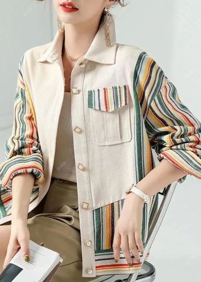 Women Beige Peter Pan Collar Pockets Striped Patchwork Cotton Coat Fall Ada Fashion