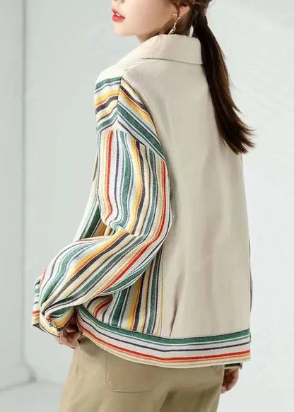 Women Beige Peter Pan Collar Pockets Striped Patchwork Cotton Coat Fall Ada Fashion