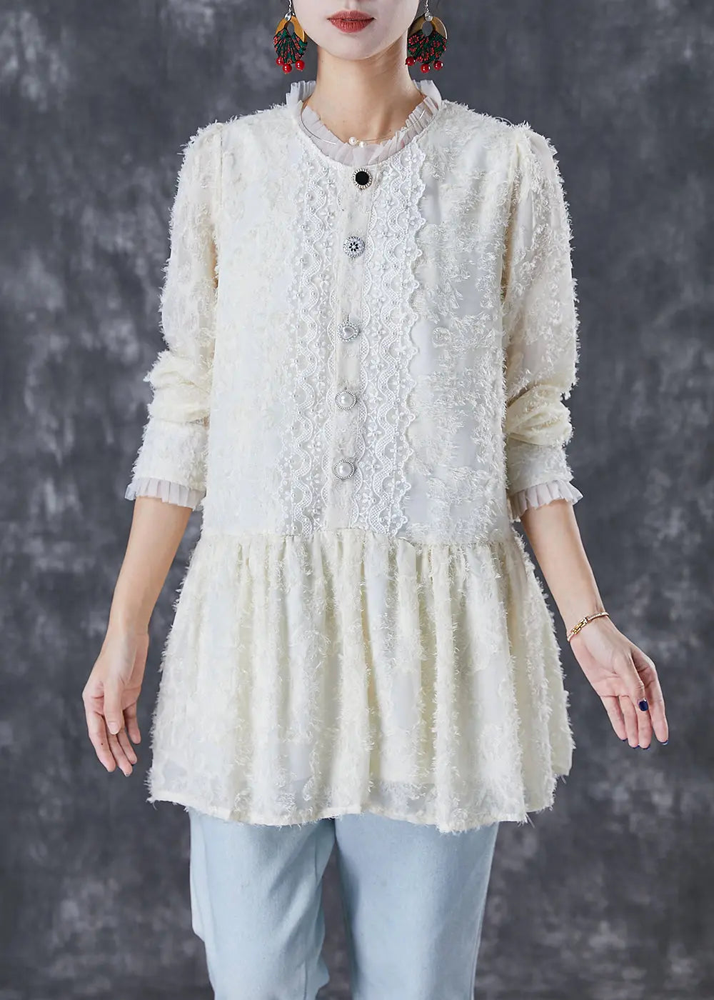 Women Beige Silm Fit Patchwork Lace Cotton Blouses Fall Ada Fashion