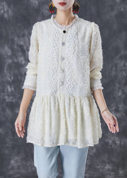 Women Beige Silm Fit Patchwork Lace Cotton Blouses Fall Ada Fashion