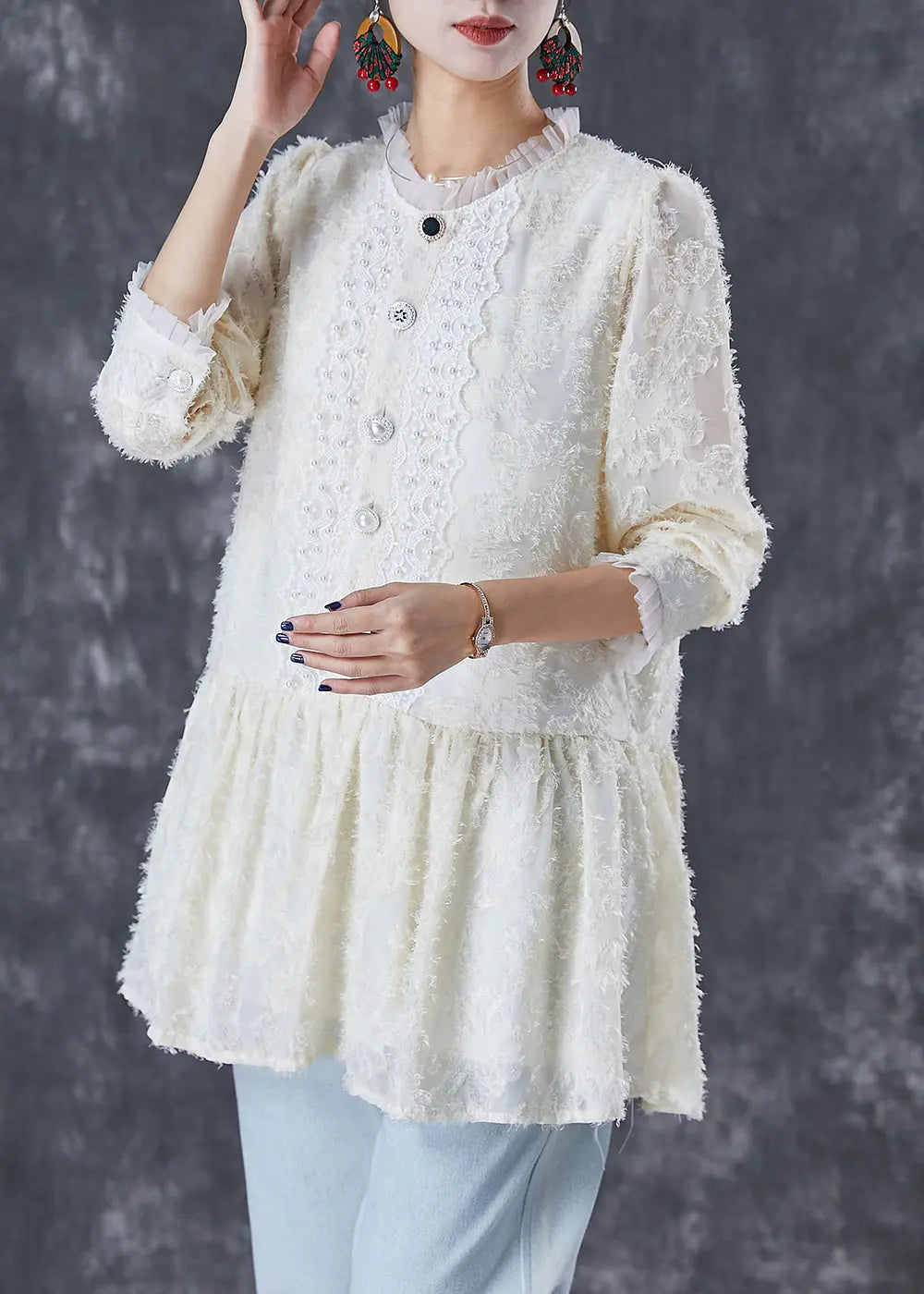 Women Beige Silm Fit Patchwork Lace Cotton Blouses Fall Ada Fashion