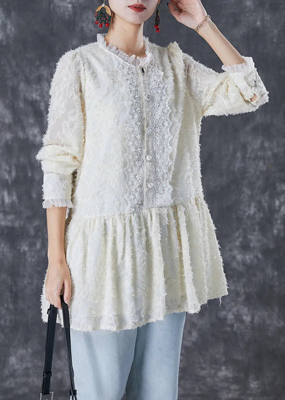 Women Beige Silm Fit Patchwork Lace Cotton Blouses Fall Ada Fashion