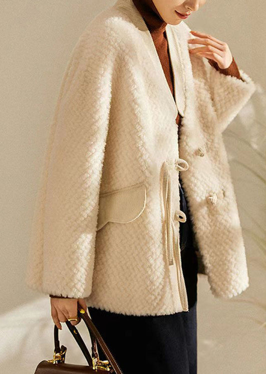 Women Beige Tasseled Chinese Button Patchwork Wool Coats Winter Ada Fashion