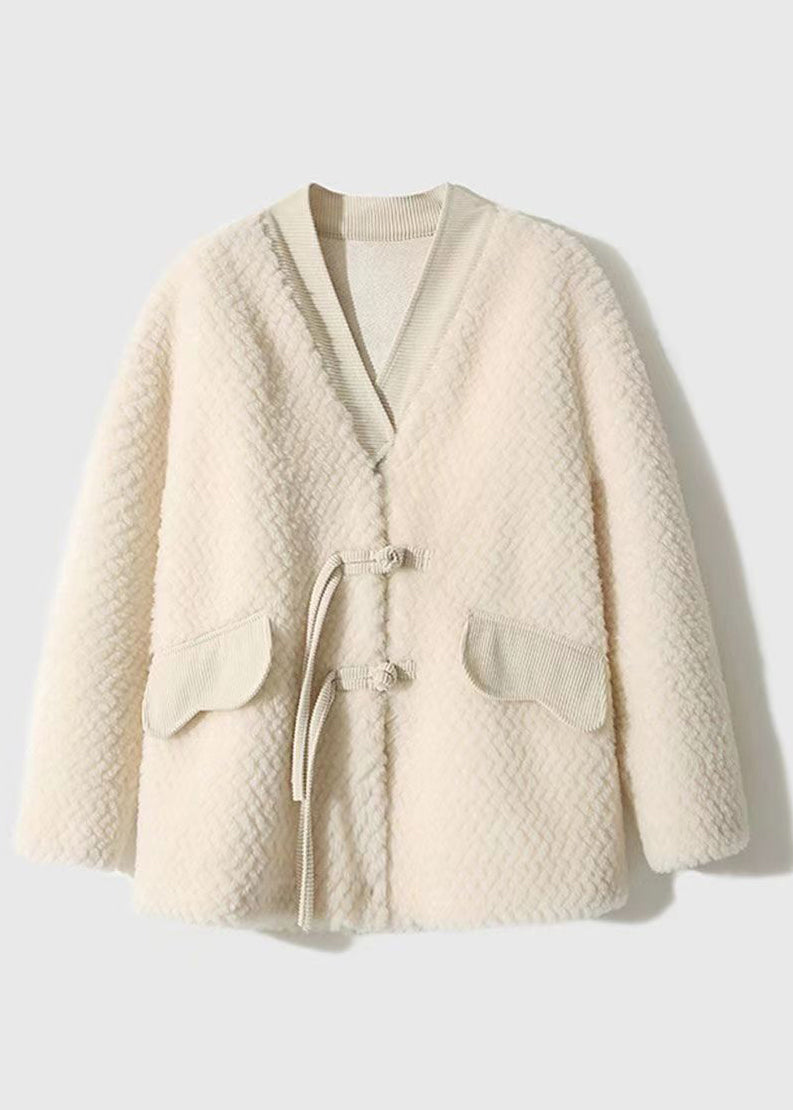 Women Beige Tasseled Chinese Button Patchwork Wool Coats Winter Ada Fashion