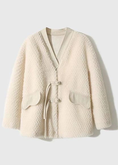 Women Beige Tasseled Chinese Button Patchwork Wool Coats Winter Ada Fashion