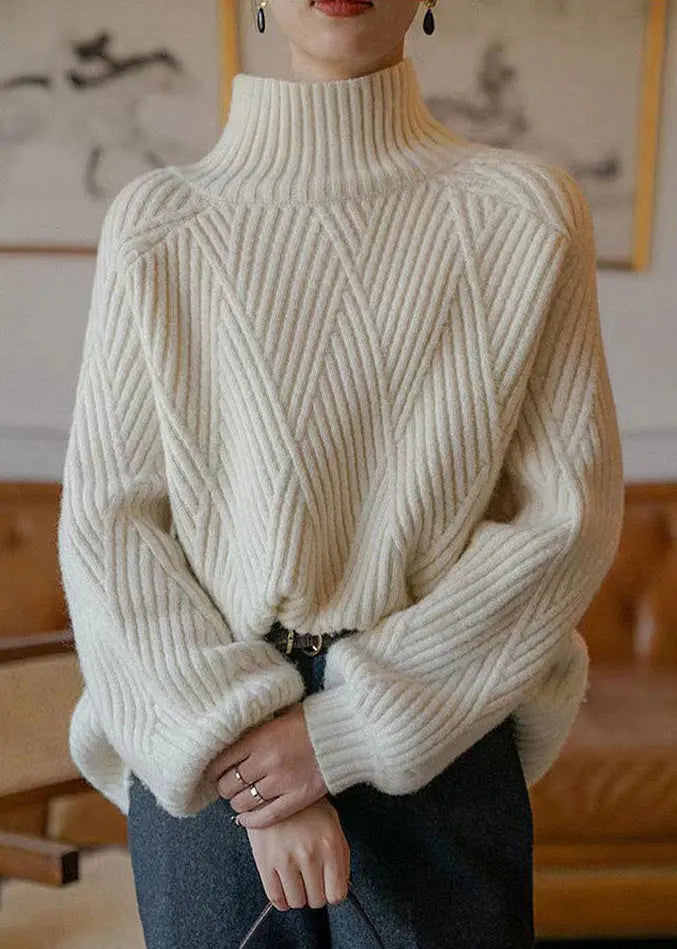 Women Beige Turtleneck Cozy  Cotton Knit Sweaters Fall Ada Fashion