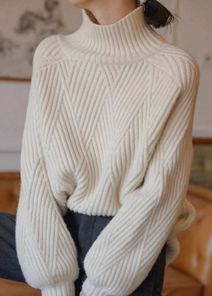 Women Beige Turtleneck Cozy  Cotton Knit Sweaters Fall Ada Fashion