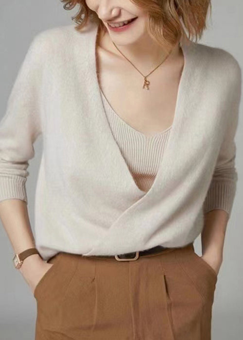 Women Beige V Neck Button Patchwork Woolen Knit Cardigan Fall Ada Fashion