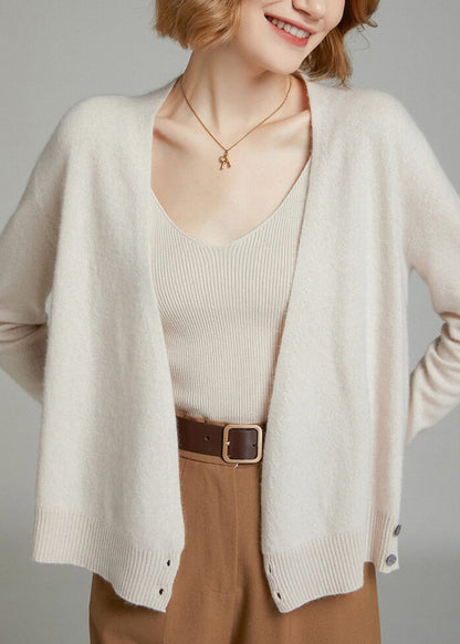 Women Beige V Neck Button Patchwork Woolen Knit Cardigan Fall Ada Fashion