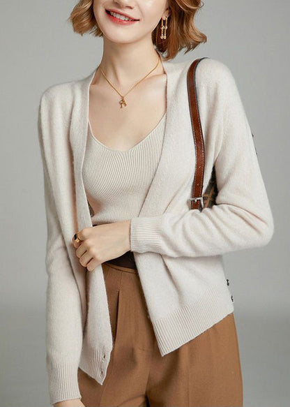 Women Beige V Neck Button Patchwork Woolen Knit Cardigan Fall Ada Fashion