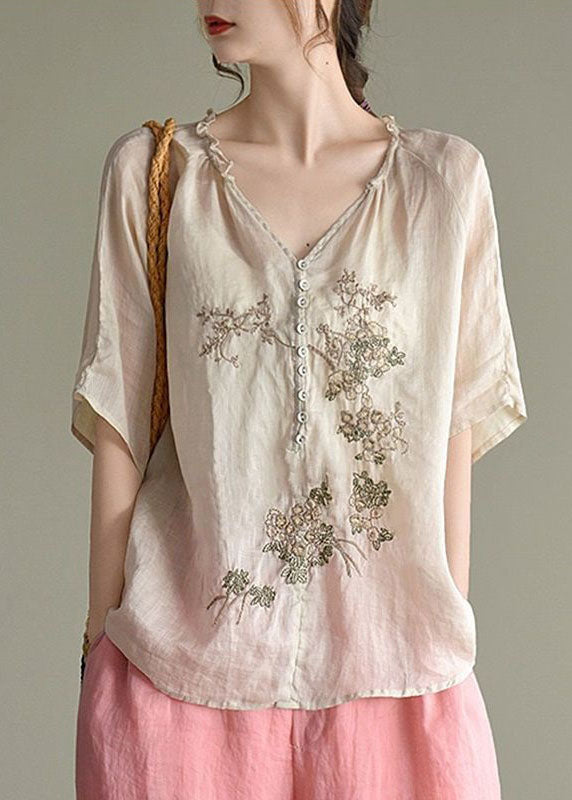 Women Beige V Neck Embroideried Patchwork Linen Top Summer LY2912