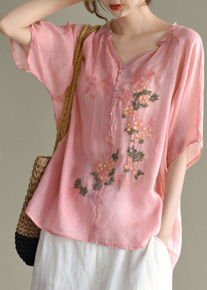 Women Beige V Neck Embroideried Patchwork Linen Top Summer LY2912 - fabuloryshop