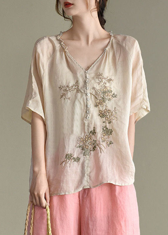Women Beige V Neck Embroideried Patchwork Linen Top Summer LY2912