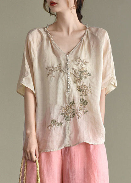 Women Beige V Neck Embroideried Patchwork Linen Top Summer LY2912 - fabuloryshop