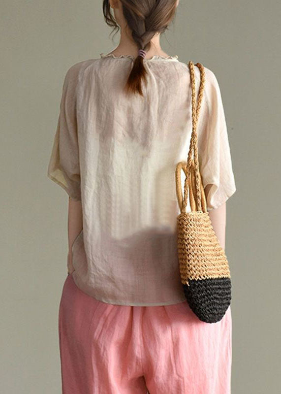 Women Beige V Neck Embroideried Patchwork Linen Top Summer LY2912 - fabuloryshop